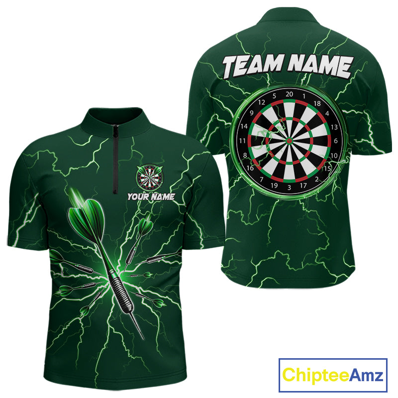 Green Darts Thunder Lightning 3D Dart Polo & Quarter Zip Custom Dart Shirts For Men Dart Jersey TDM3033