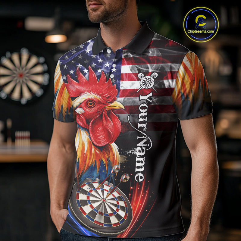 American Flag Smoke Rooster Darts Shirt For Men Custom Patriotic Darts Jersey Team Polo, 1/4 Zip TDM5257