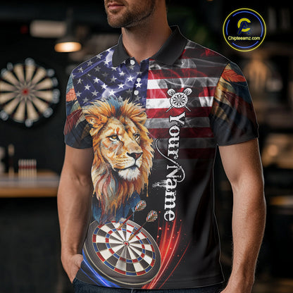 American Flag Smoke Lion Darts Shirt For Men Custom Patriotic Darts Jersey Team Polo, 1/4 Zip TDM5258