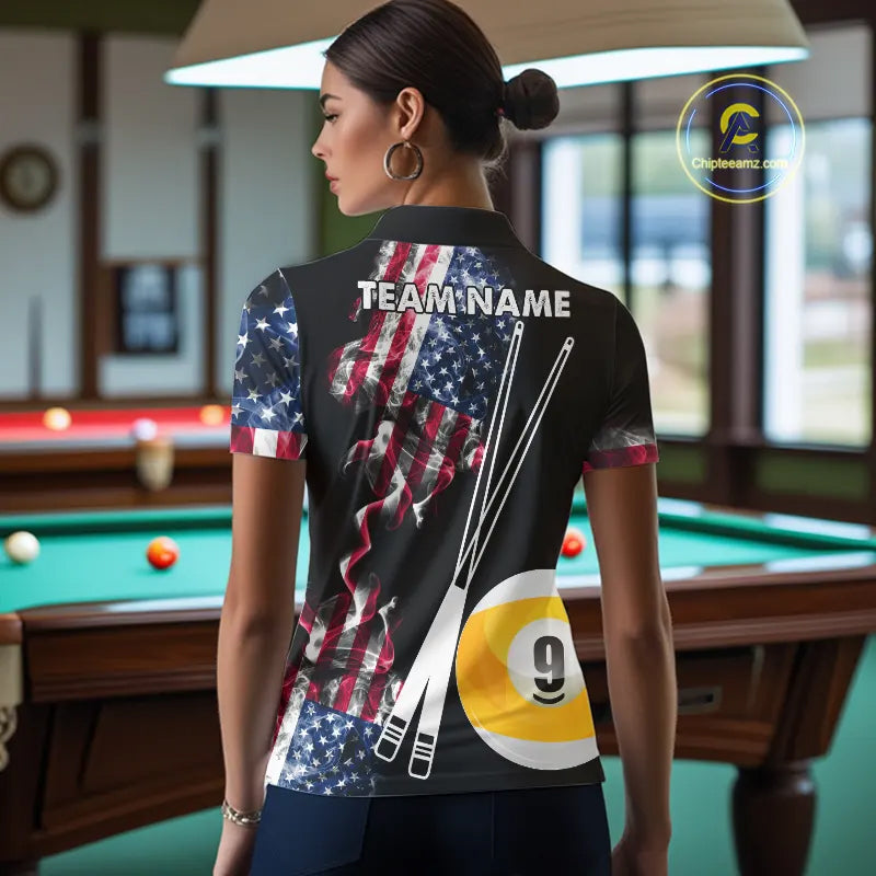 American Flag Smoke 8 Ball & 9 Ball Pool Billiard Shirt For Women Custom Patriotic Billiard Jersey TDM5517