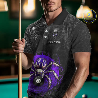 Personalized Grunge Spider Web 8 Ball Pool Billiard Shirt For Men, Billiard Team Jerseys |Purple TDM5519