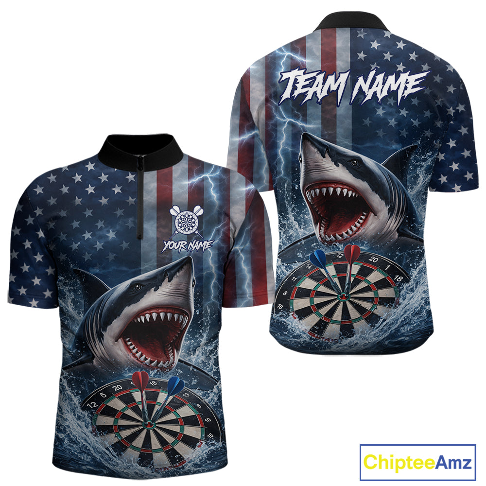 American Flag Shark Darts Shirt For Men Custom Lightning Patriotic Dart Jersey Team Polo & 1/4 Zip TDM5771