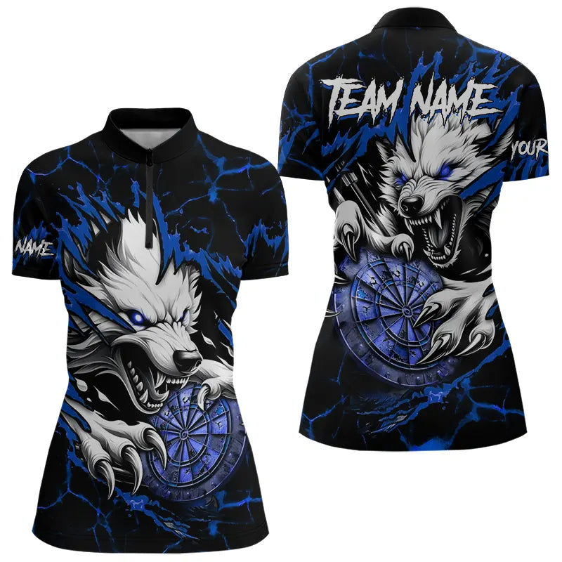Personalized Wolf Lightning Darts Polo & Quarter Zip Custom Dart Shirts For Women Darts Jerseys |Blue TDM3610