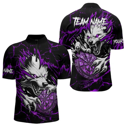 Personalized Wolf Lightning Darts Polo & Quarter Zip Custom Dart Shirts For Men Darts Jersey |Purple TDM3611