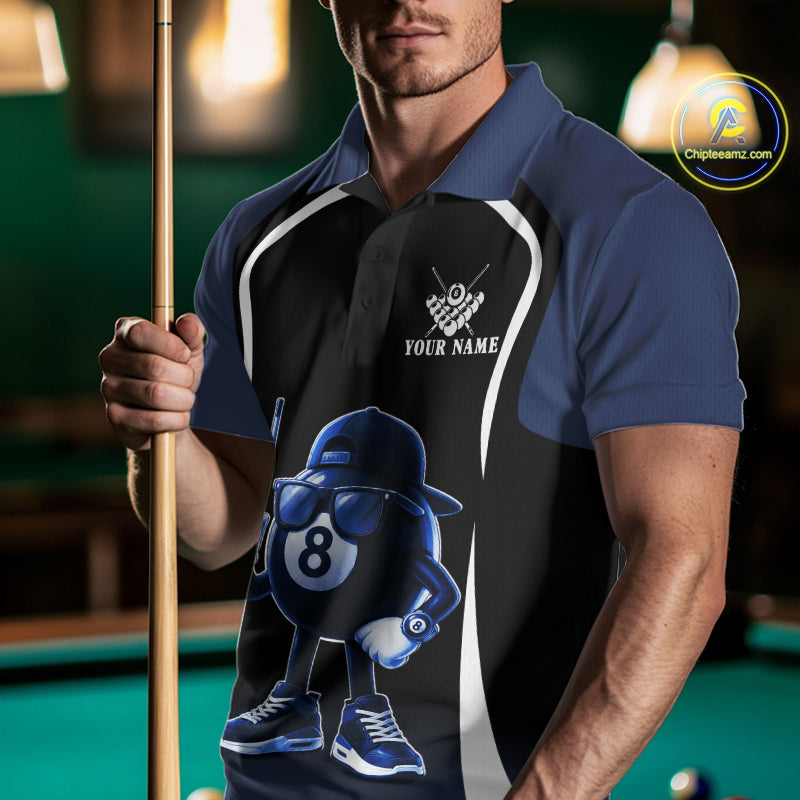 Blue Funny 8 Ball Pool US Flag Billiard Shirt For Men Custom Billiard Team Jersey Polo & 1/4 Zip TDM6365