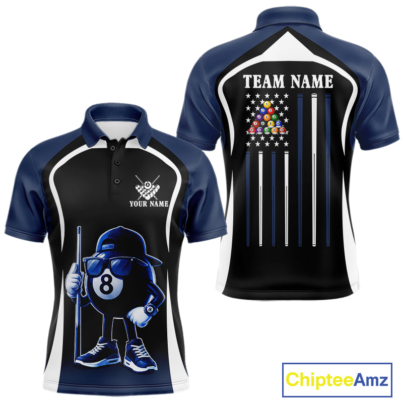 Blue Funny 8 Ball Pool US Flag Billiard Shirt For Men Custom Billiard Team Jersey Polo & 1/4 Zip TDM6365