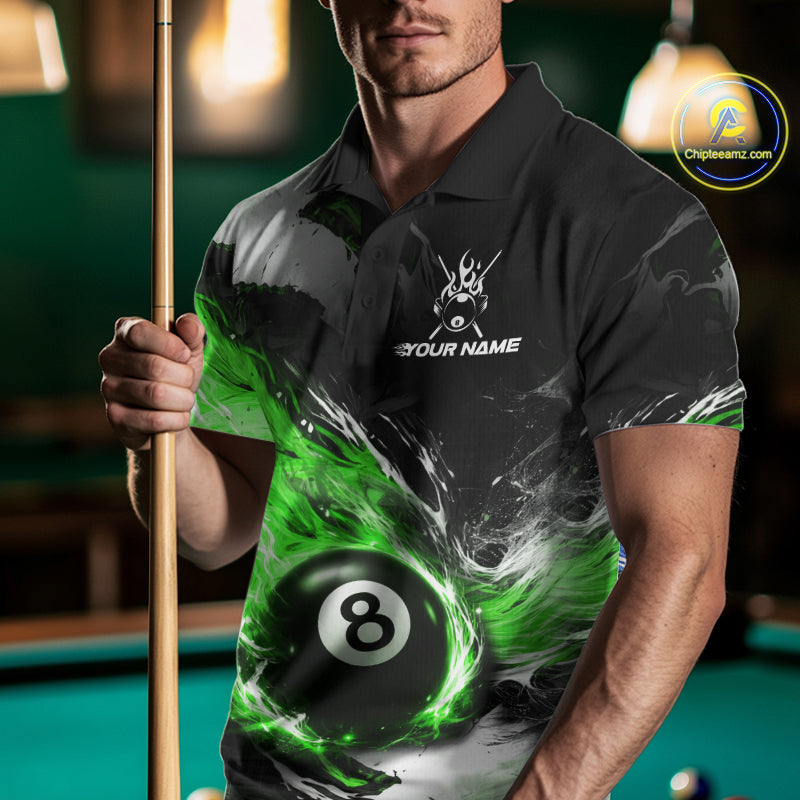 Custom Green Flaming 8 Ball Pool Billiard Shirt For Men, Billiard Team Jersey Polo & 1/4 Zip TDM6371
