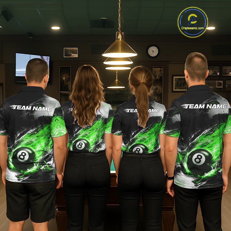 Custom Green Flaming 8 Ball Pool Billiard Shirt For Men, Billiard Team Jersey Polo & 1/4 Zip TDM6371