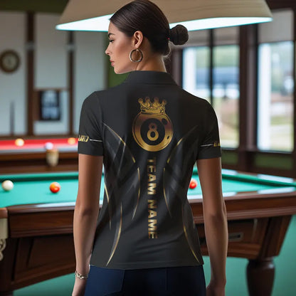 Customized 8 Ball Pool Crown Women Billiard Shirts, Gold And Black Billiard Team Shirt Pool Jerseys TDM3769