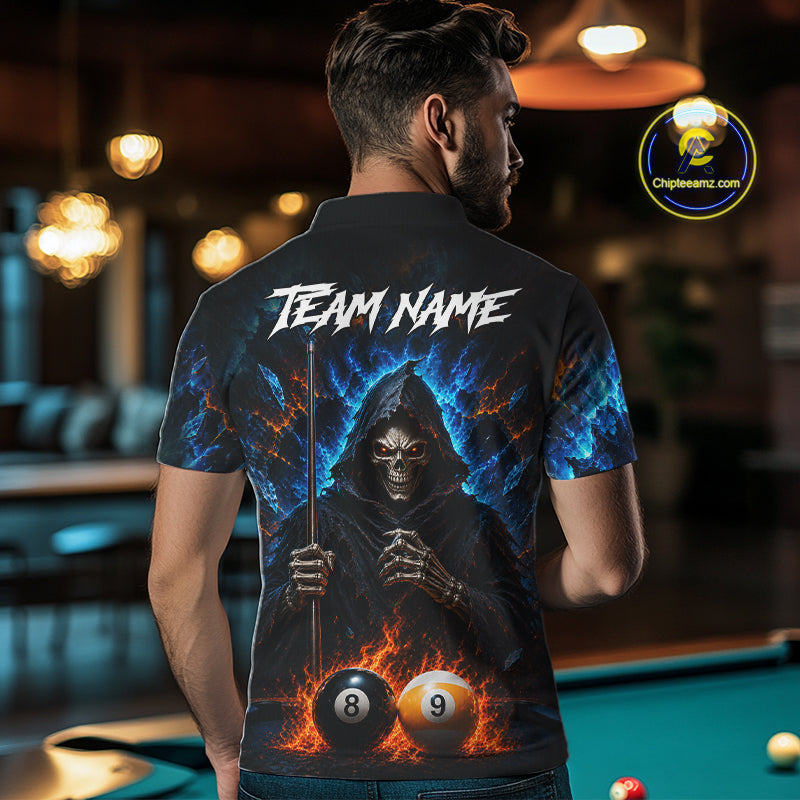 Custom Fire 8 Ball & 9 Ball Grim Reaper Billiard Shirt For Men, Pool Team Jersey Polo & 1/4 Zip TDM6563