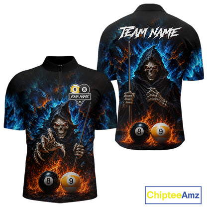 Custom Fire 8 Ball & 9 Ball Grim Reaper Billiard Shirt For Men, Pool Team Jersey Polo & 1/4 Zip TDM6563