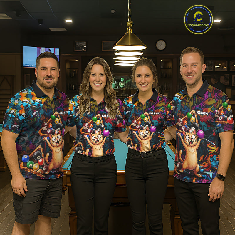 Colorful Billiard Jersey Custom Funny Cat Graffiti Billiard Polo & Quarter Zip Shirts For Women TDM6564