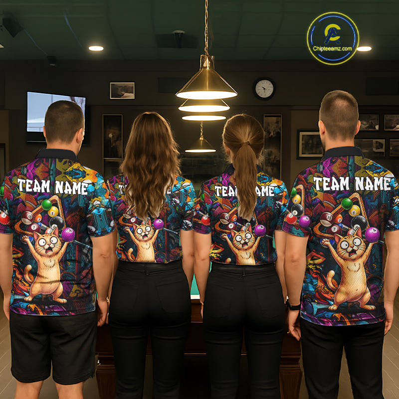 Colorful Billiard Jersey Custom Funny Cat Graffiti Billiard Polo & Quarter Zip Shirts For Women TDM6564