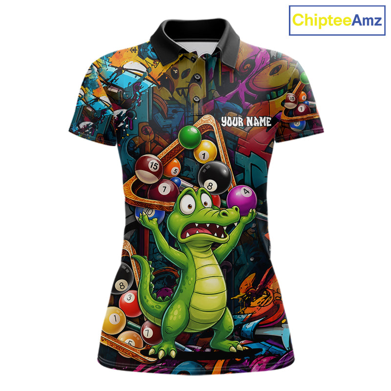 Colorful Billiard Jersey Custom Funny Dinosaur Graffiti Billiard Polo & Quarter Zip Shirts For Women TDM6566