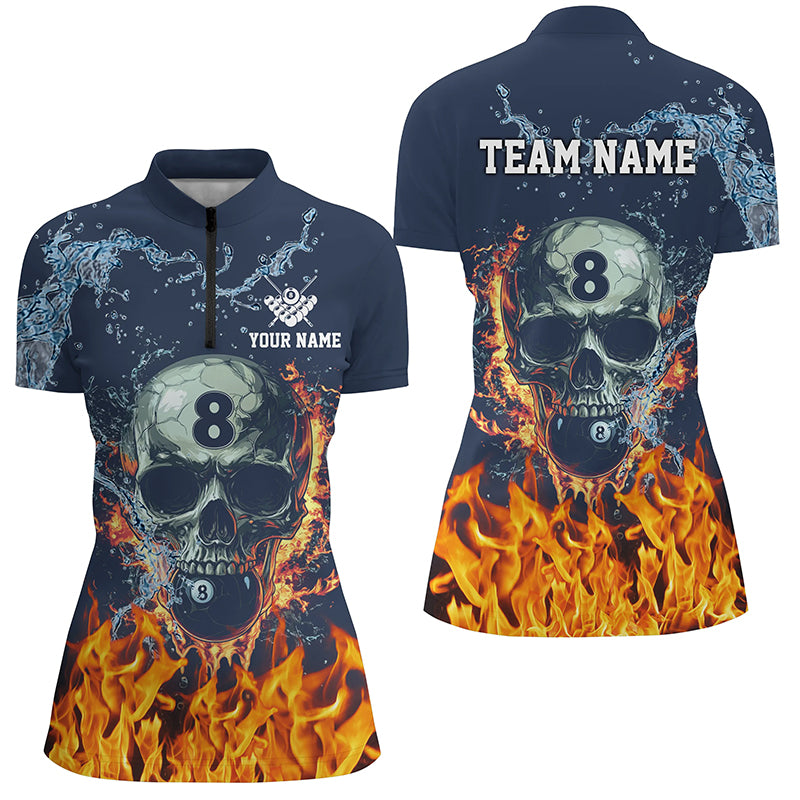 Funny Skull 8 Ball Pool Water Fire Personalized Name Billiard Shirts For Women, Billiard Pool Shirts TDM2291