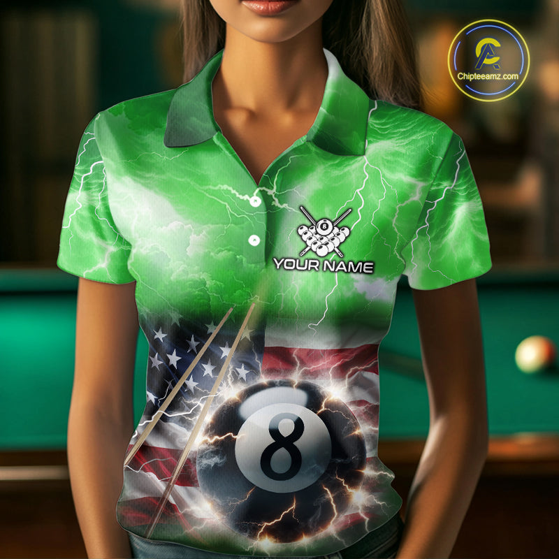 Green American Flag Thunder Lightning 8 Ball Billiard Shirt For Women Custom Pool Team Jersey TDM5265
