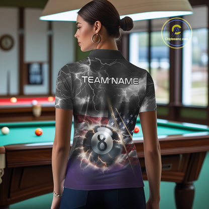 Black Purple American Flag Thunder Lightning 8 Ball Billiard Shirt For Women Custom Pool Team Jersey TDM5267