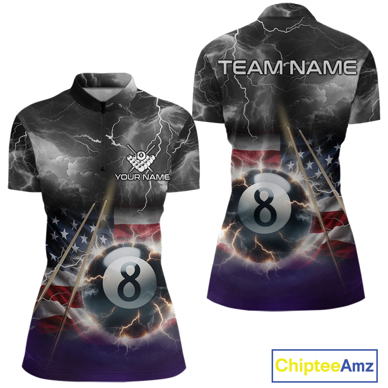 Black Purple American Flag Thunder Lightning 8 Ball Billiard Shirt For Women Custom Pool Team Jersey TDM5267