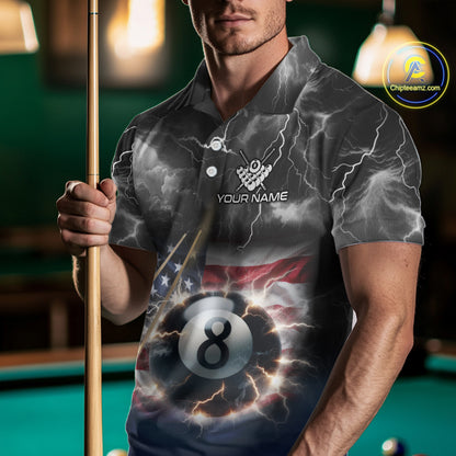 Black Blue American Flag Thunder Lightning 8 Ball Billiard Shirt For Men Custom Pool Team Jersey TDM5268
