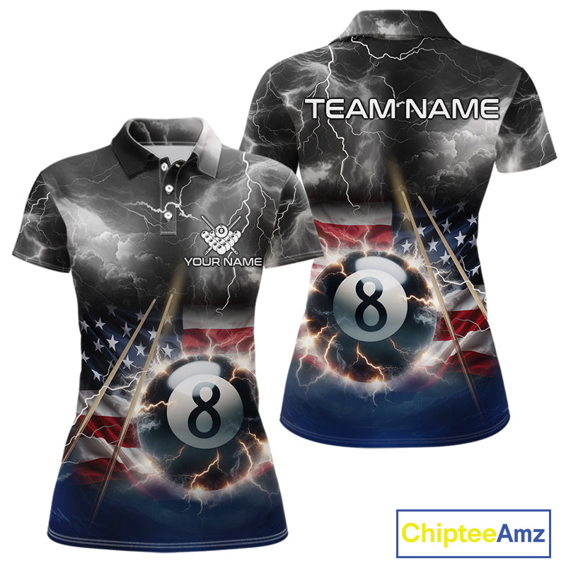 Black Blue American Flag Thunder Lightning 8 Ball Billiard Shirt For Women Custom Pool Team Jersey TDM5268