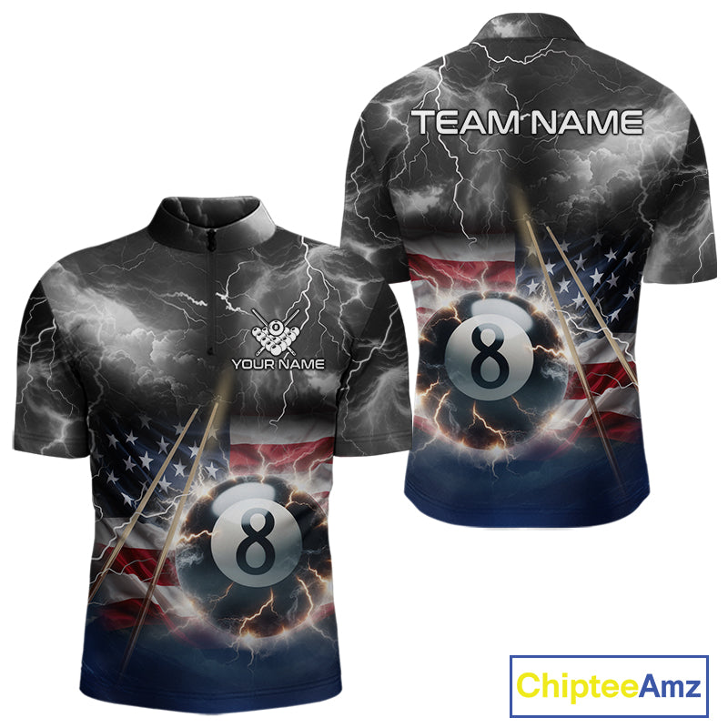 Black Blue American Flag Thunder Lightning 8 Ball Billiard Shirt For Men Custom Pool Team Jersey TDM5268