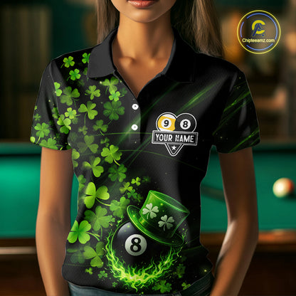 Green Luckiest Shamrock 8 & 9 Ball Billiard Shirt For Women Custom St Patrick Day Pool Team Jersey TDM5780