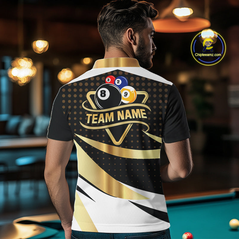Personalized Billiard 8 Ball & 9 Ball Pool Polo, 1/4 Zip For Men Custom Team Billiard Jersey |Gold TDM6376