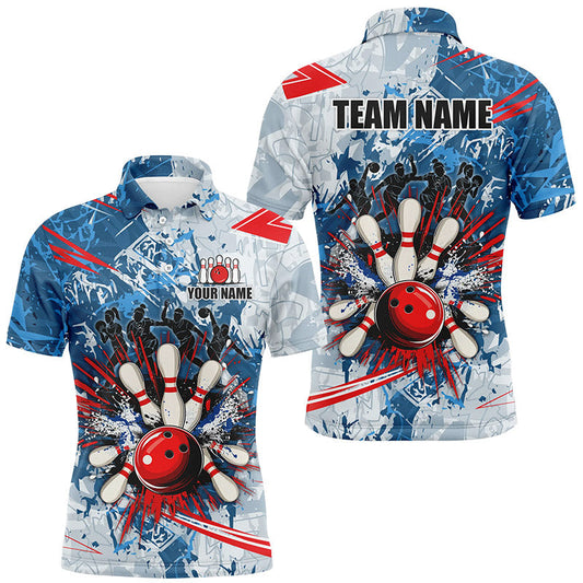 Blue camo Men Bowling Polo, Quarter Zip Shirts Custom bowling team league jerseys, gift for bowlers NQS7869