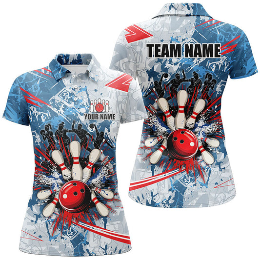 Blue camo Women Bowling Polo, Quarter Zip Shirts Custom bowling team league jerseys, gift for bowlers NQS7869