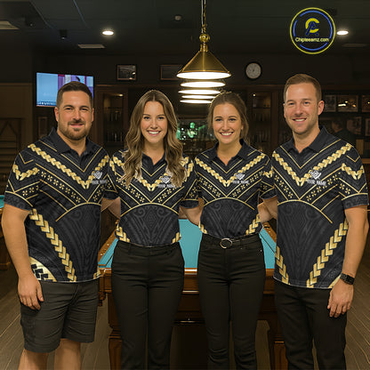 Pool team wearing matching black and gold 8 ball tribal billiard jerseys during tournament competition front view.
