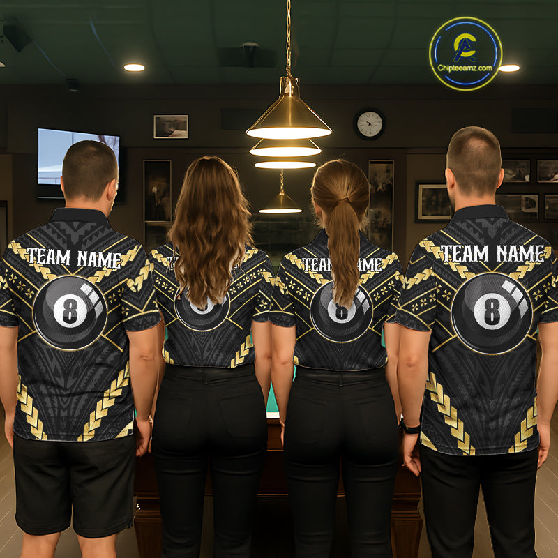 Back view of pool players wearing matching black and gold tribal billiard shirts in a game room.