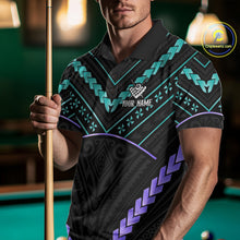 Load image into Gallery viewer, Man wearing a teal and purple 8 ball tribal billiard jersey beside a pool table front view.