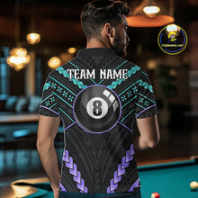 Load image into Gallery viewer, Back view of man wearing a teal and purple 8 ball tribal pool shirt in a billiards hall.