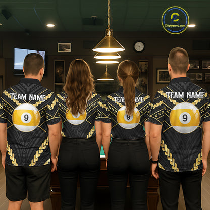 Back view of pool players wearing matching black and gold tribal billiard shirts in a game room.