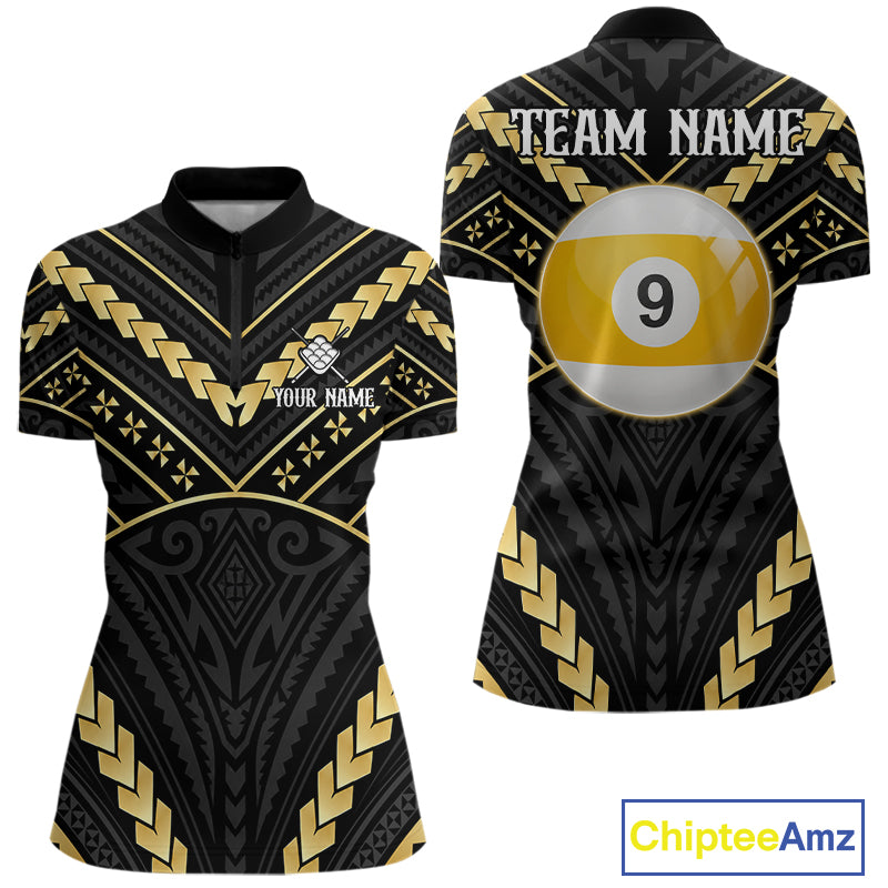 Black and gold 9 ball tribal billiard quarter zip shirt for women designed for league tournaments and team events.