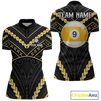 Black and gold 9 ball tribal billiard quarter zip shirt for women designed for league tournaments and team events.