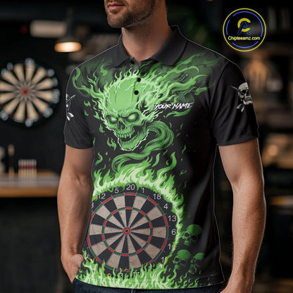 Green Flaming Skull Darts Shirt For Men Custom Darts Jersey Team Polo & Quarter Zip TDM5055