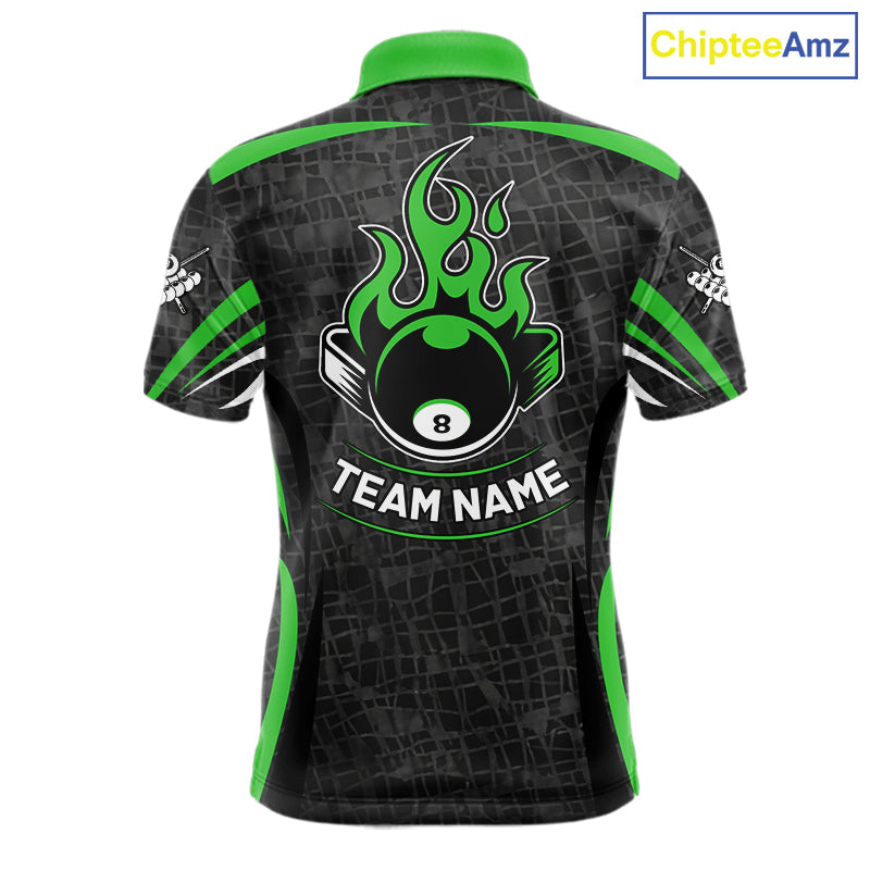 Black And Green 8 Ball Flame Billiard Shirt For Men Custom Pool Team Shirt, Billiard Jersey TDM5792