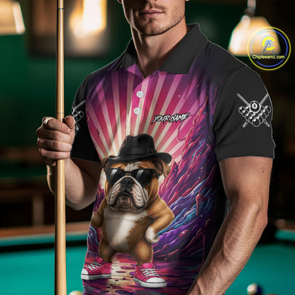 Man wearing a pink graffiti bulldog 8 ball billiard jersey beside a pool table front view.