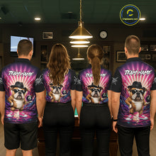 Load image into Gallery viewer, Back view of pool players wearing matching pink graffiti bulldog billiard shirts in a game room.