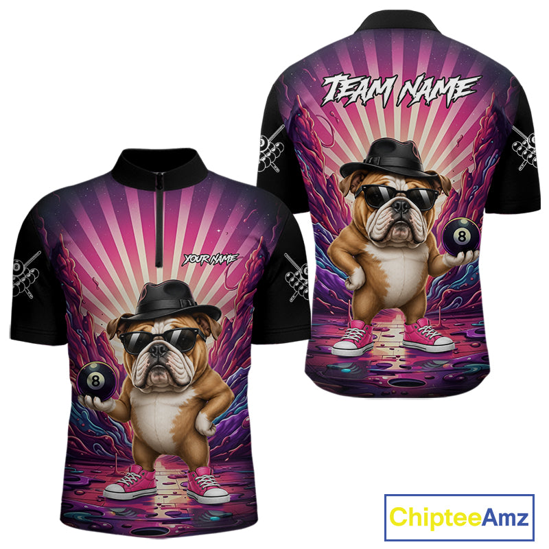 Pink graffiti bulldog 8 ball billiard quarter zip shirt for men designed for league tournaments and team events.