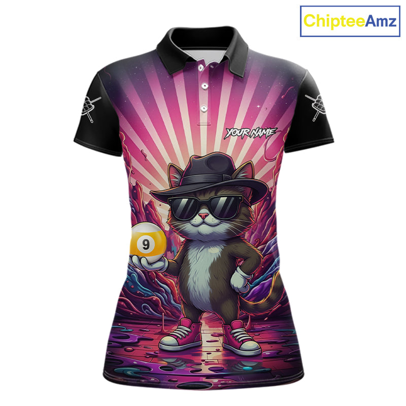 Pink graffiti cat 9 ball billiard polo shirt for women with custom pool team graphics.