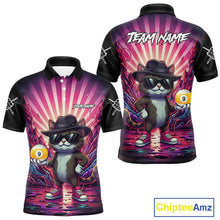 Load image into Gallery viewer, Pink graffiti cat 9 ball billiard polo shirt for men with custom pool team graphics.