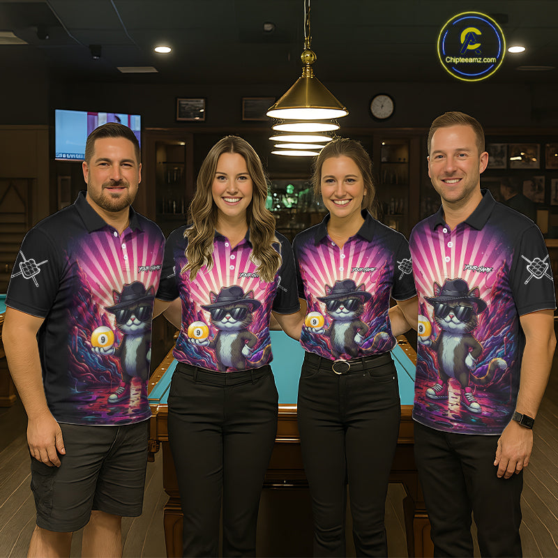 Pool team wearing matching pink graffiti cat 9 ball billiard jerseys during tournament competition front view.