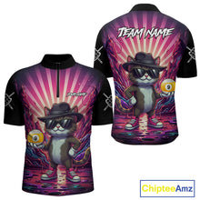 Load image into Gallery viewer, Pink graffiti cat 9 ball billiard quarter zip shirt for men designed for league tournaments and team events.