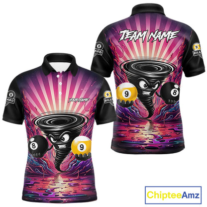 Pink graffiti tornado 8 ball and 9 ball billiard polo shirt for men with custom pool team graphics.