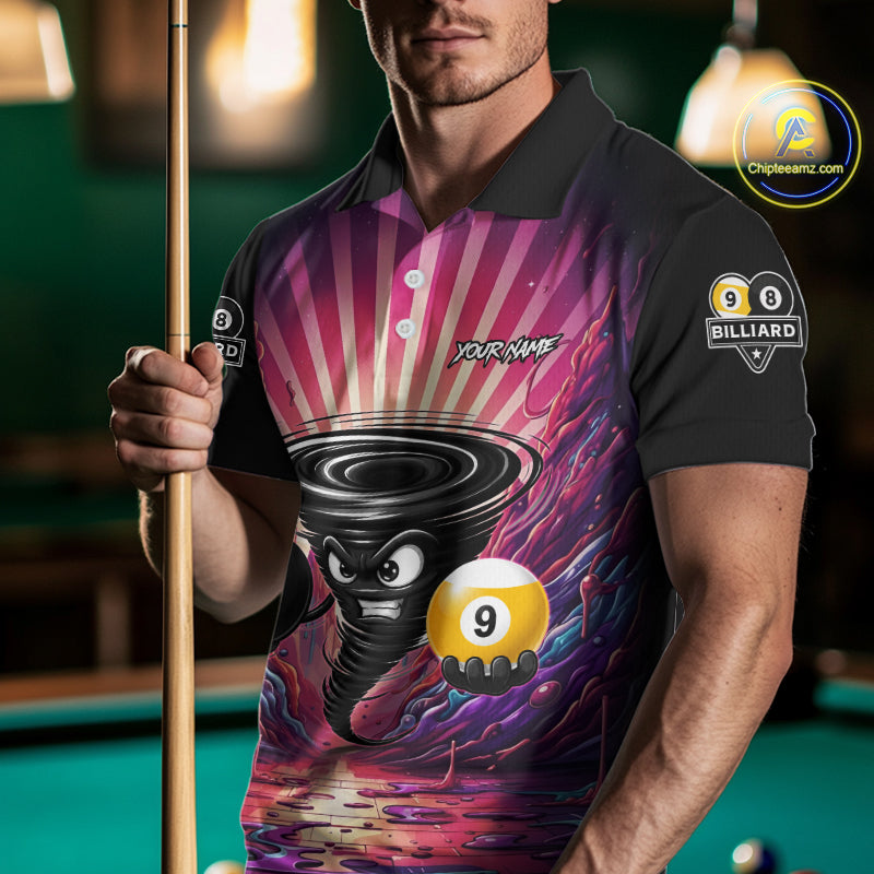 Man wearing a pink graffiti tornado 8 ball and 9 ball billiard jersey beside a pool table front view.