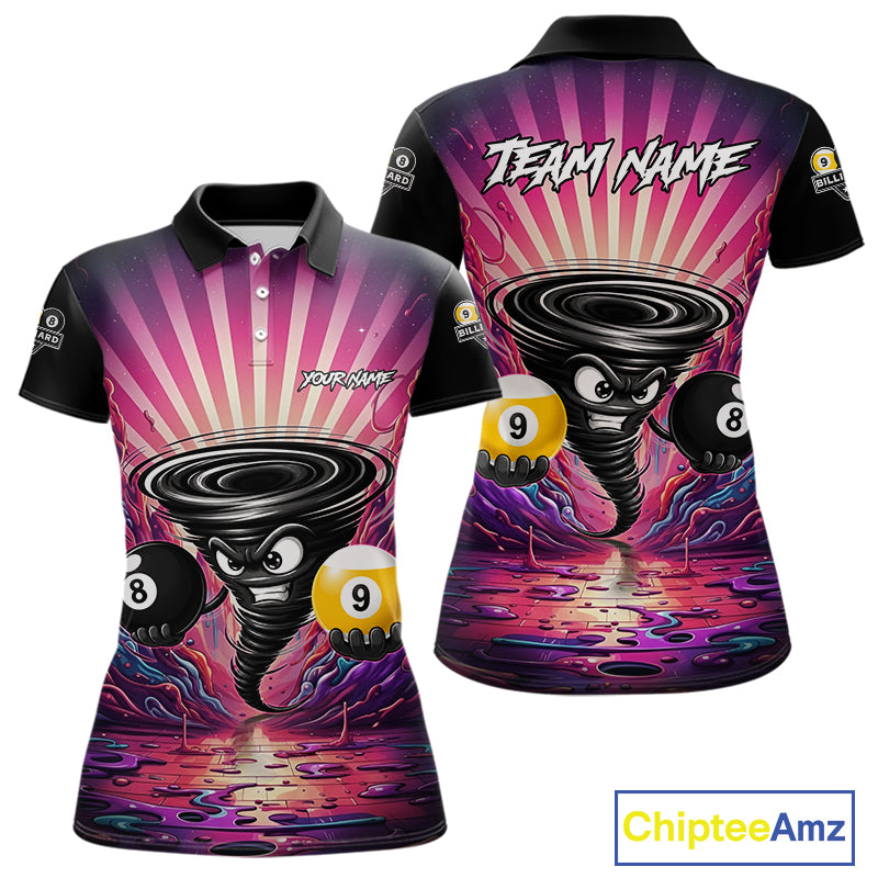 Pink graffiti tornado 8 ball and 9 ball billiard polo shirt for women with custom pool team graphics.