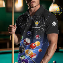 Load image into Gallery viewer, Man wearing a blue grim reaper lightning 9 ball billiard jersey beside a pool table front view.