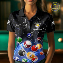 Load image into Gallery viewer, Woman wearing a blue grim reaper lightning 9 ball billiard jersey beside a pool table front view.